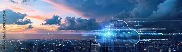 Fototapeta A stunning digital representation of cloud computing, showcasing technology and innovation over a beautiful city skyline.