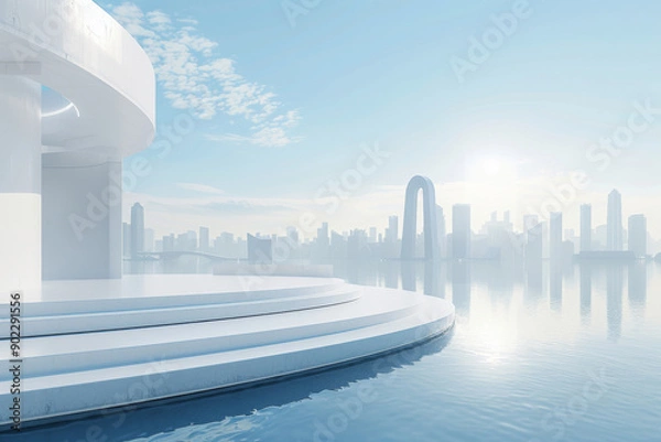 Fototapeta Modern buildings by the lake. The modern urban skyline is in the background.