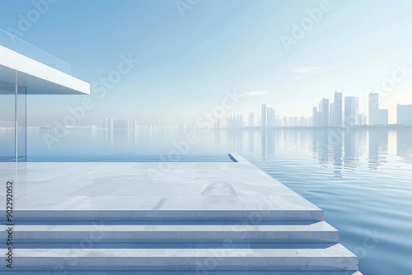 Fototapeta Modern buildings by the lake. The modern urban skyline is in the background.