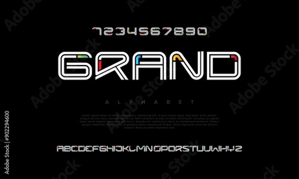 Fototapeta Grand creative modern geometric urban alphabet font. Digital abstract futuristic, game, techno, robot, music, logo, sport, minimal technology typography. Simple numeric vector illustration