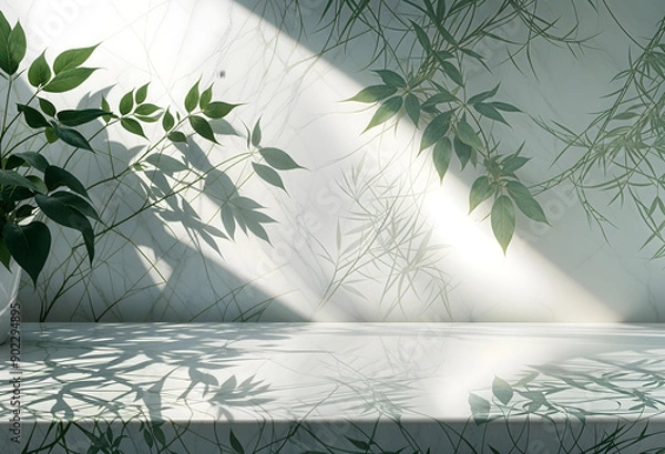 Fototapeta Verdant plant leaves projecting delicate shadow patterns across a polished, white marble countertop under bright, overhead lighting