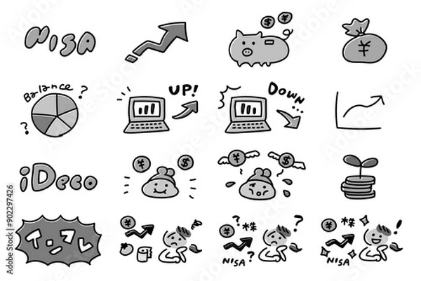 Fototapeta 投資 お金 手描き イラスト セット_グレーカラー