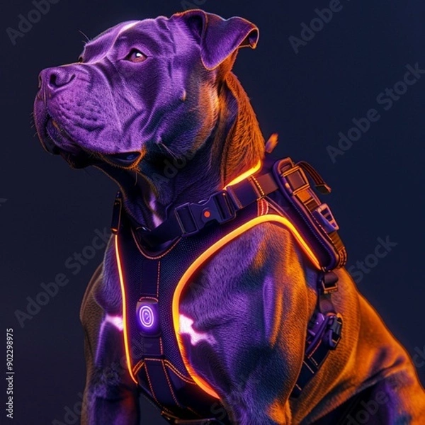 Fototapeta  an American pitbull terrier dog harness, with the backpack on the harness, the colors purple and hot orange, with a light on the chest of the harness.