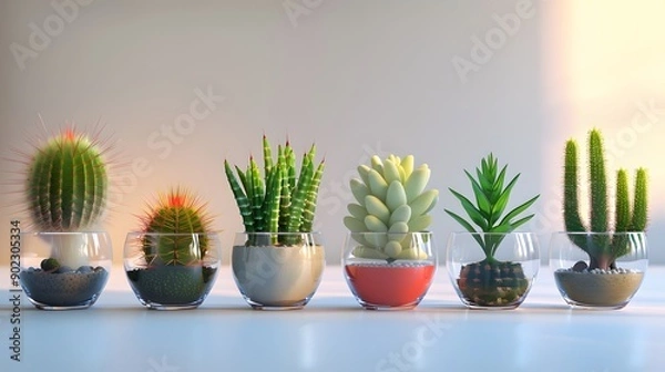 Fototapeta set of colorful cactus plants in colored pots with outlines. Exotic and Tropical Plants - Cacti for design isolated on white background. Hand drawn cactus for design