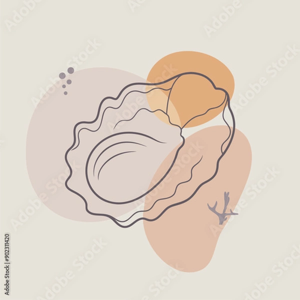 Fototapeta Mussel or oyster in a shell on blobs background. Delicious seafood, element of ornament, menu decoration. Shellfish delicacy silhouette in minimalist style. Fish market, poster design template.
