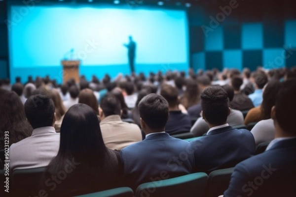 Fototapeta Photo of a college lecture with speakers on stage and an audience in the foreground, captured from behind against a blue colored background, with blurred people in focus. 