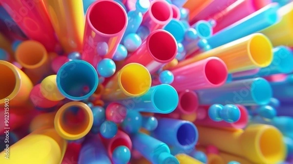 Fototapeta Abstract colorful background with vibrant tubes and spheres.