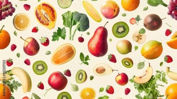 Fototapeta Vibrant fresh fruits and vegetables suspended in the air, arranged in a seamless pattern on a light background