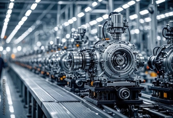 Fototapeta  the engine assembly line process in an automotive plant, highlighting key stages and machiner