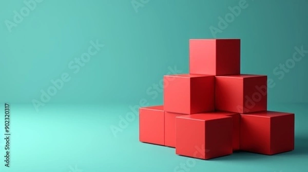 Fototapeta Red cubes stacked in a pyramid shape on a teal background. Minimalist geometric design.