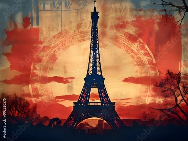 Obraz 빈티지 우표 스타일 파리 에펠탑