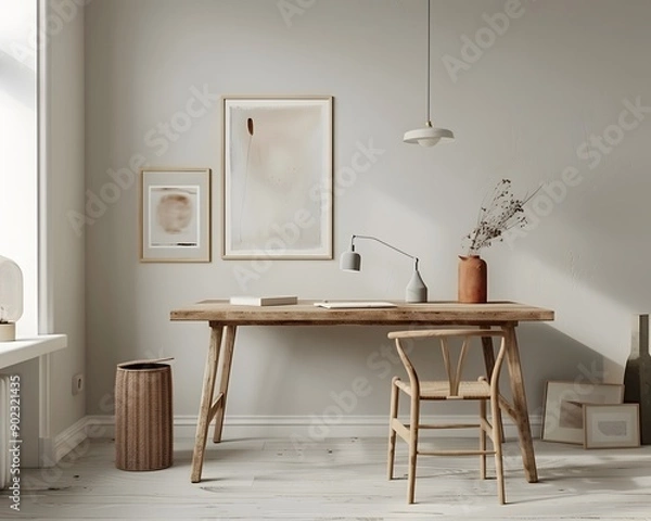 Fototapeta Illustration of "A Scandinavian-inspired minimalist workspace with a light wooden table, a single piece of modern art on the wall, and a few carefully selected, functional accessories in a bright, air