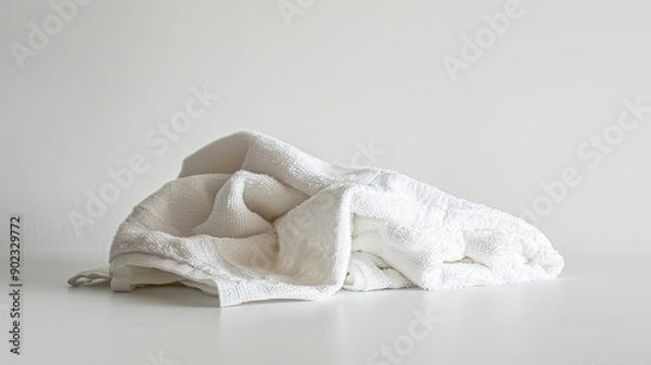 Fototapeta A soft, pristine white towel neatly folded on a clean white background, showcasing its plush texture and simplicity.