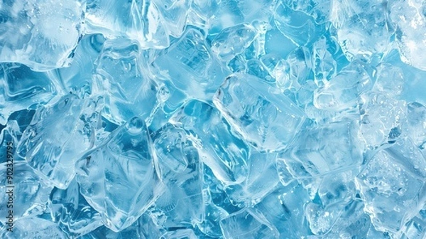 Fototapeta Close-up of clear, melting ice cubes with water droplets on light blue background. Concepts of freshness, chill, and hydration.