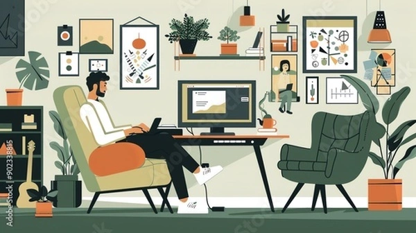 Fototapeta A man sits in a comfortable chair in his home office, working on his computer. He is surrounded by plants, artwork, and other personal items.
