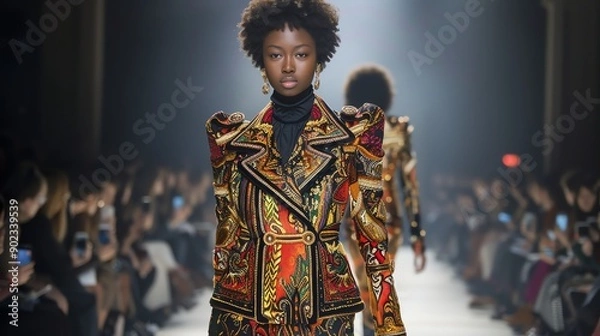 Obraz Young beautiful african american fashion model with afro hairstyle and elegant embroidered jacket with golden elements on the runway.