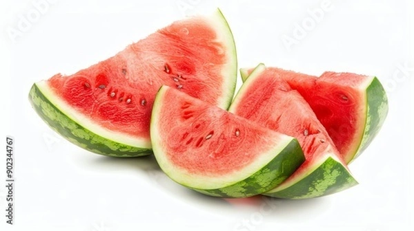 Fototapeta A close-up image of a watermelon cut into four slices. The rind of the watermelon is green and the flesh is red and juicy.