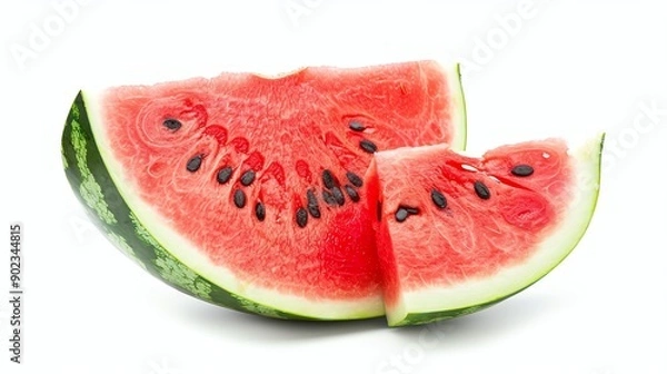 Fototapeta A large, juicy watermelon cut into slices. The rind is green and the flesh is red with black seeds. The watermelon is isolated on a white background.