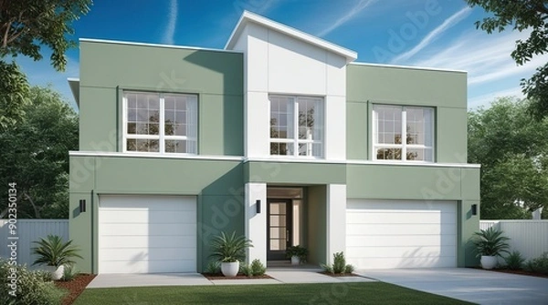 Obraz The exterior of the two-story house boasts a sleek, modern facade with a thoughtful color palette featuring calming sage green and crisp white hues, expertly balanced to evoke a sense of serenity and 