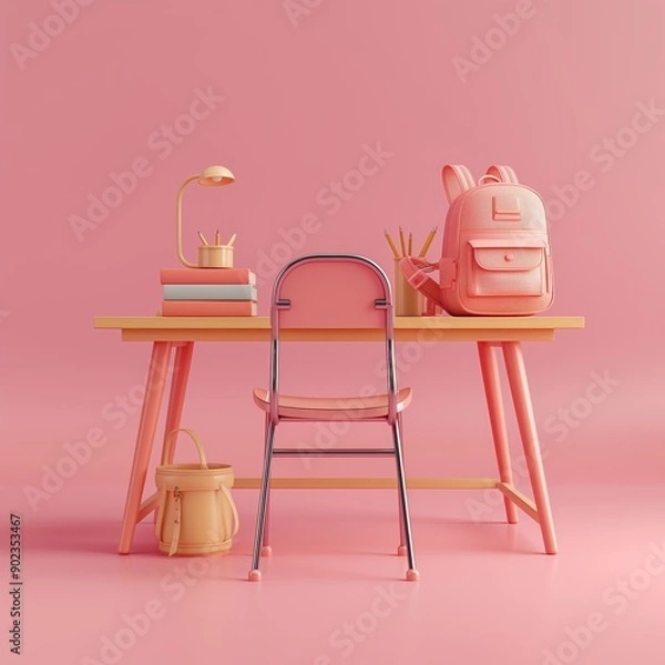 Fototapeta A stylish pink-themed study desk with modern school items like books, lamp, chair, and backpack.