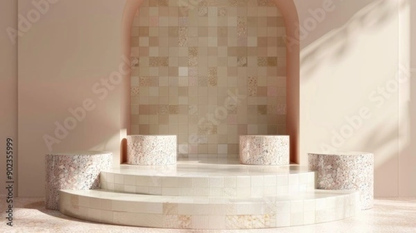 Fototapeta Curved stage mockup with cylinder podiums and mosaic tile in refined minimalistic style for showcasing cosmetic products spa goods and advertising vertically