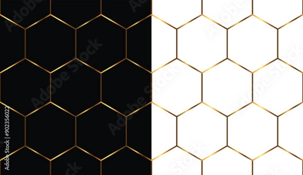 Fototapeta Seamless pattern, Gold honeycomb mesh on a white and black background. Vector illustration.