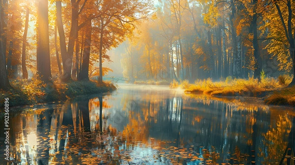 Fototapeta Autumn landscape at colorful lake with yellow leaf trees, Colorful trees and fall landscape in deep forest, Lake scenery of autumn in nature, reflection scene in lake landscape in beautiful nature