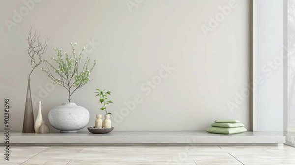 Fototapeta Zen interiors design composition with minimal furniture and ornaments. Residential property interiors with natural lighting and copyspace.