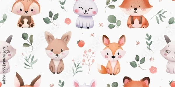 Fototapeta Cute animals and whimsical creatures in a seamless cartoon pattern, rendered in watercolor style