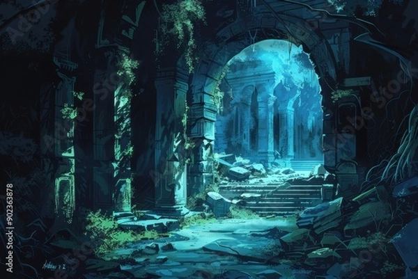 Fototapeta Mysterious overgrown ruins of an ancient forgotten temple