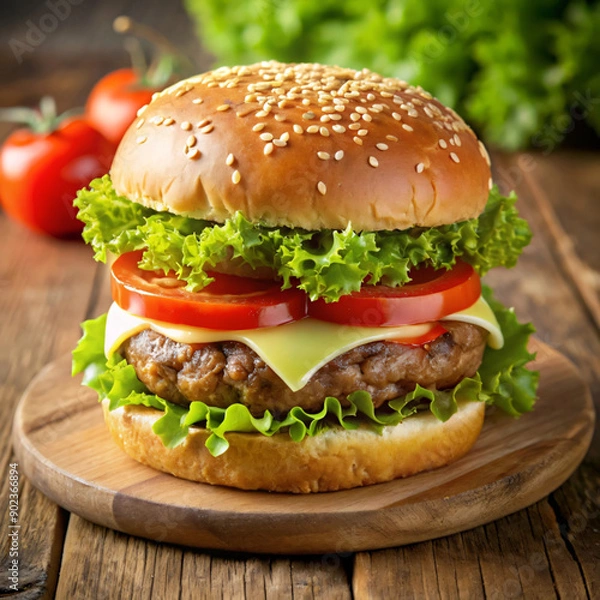 Fototapeta  Burger with beef, lettuce, tomato, cheese, cucumber wih beautiful background