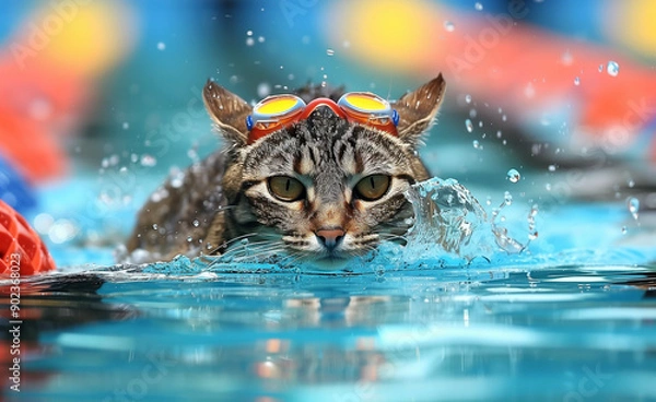 Fototapeta cat swimming in the swimming pool generated by AI

