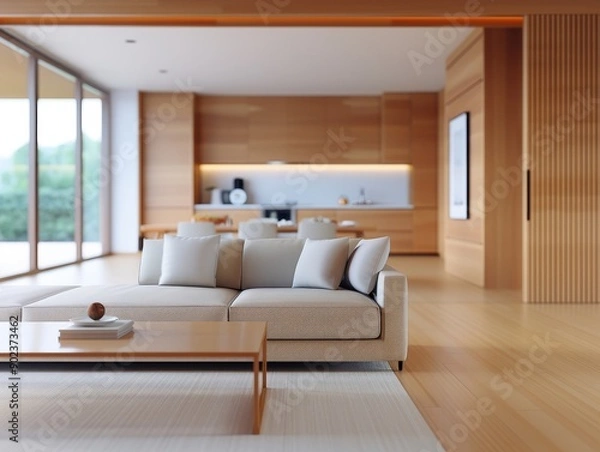 Obraz Minimalist living room with a beige sofa and wooden accents, featuring a spacious and elegant design with natural light from large windows.