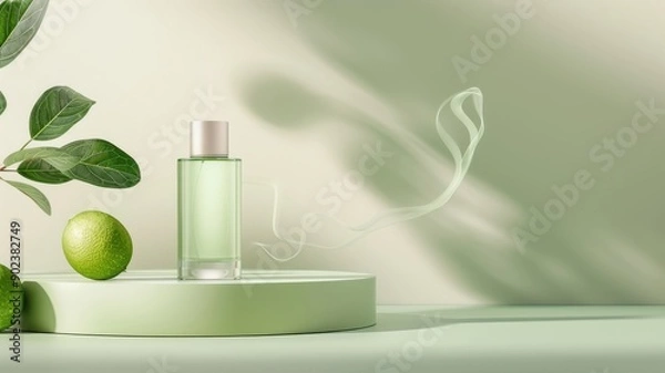 Fototapeta A minimalist lime green podium showcases a perfume bottle against a backdrop of swirling smoke.