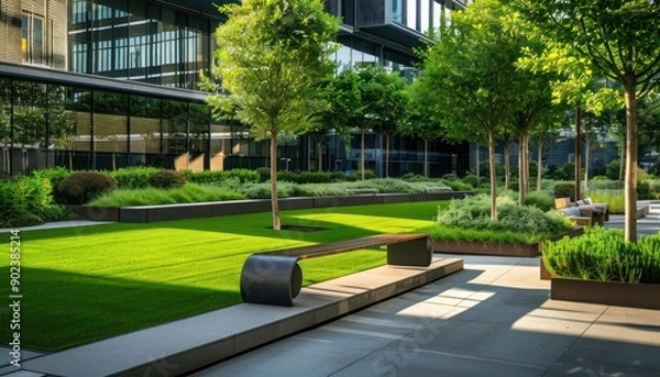 Fototapeta Modern office park with green lawn, trees, and a stylish bench, creating a serene and professional outdoor space.