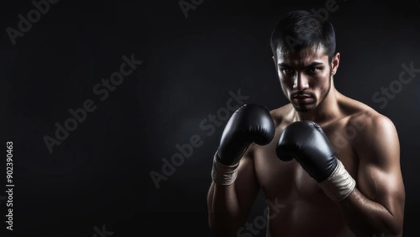 Fototapeta boxer with boxing gloves on dramatic dark background