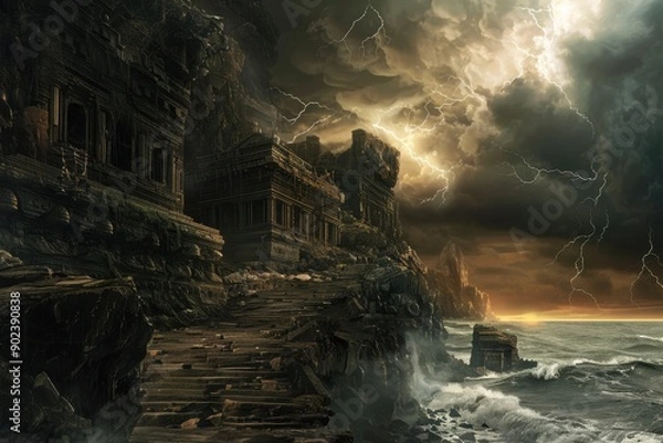 Fototapeta Ancient ruins on stormy cliff overlooking a raging sea