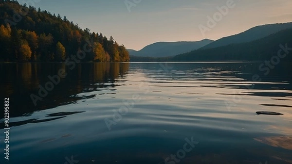 Fototapeta The serene essence of the lake captured in the warm hues of a spring morning