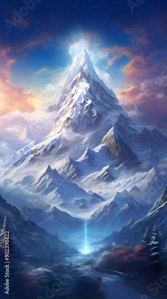 Fototapeta Digital technology snow mountain landscape poster wallpaper background with generative