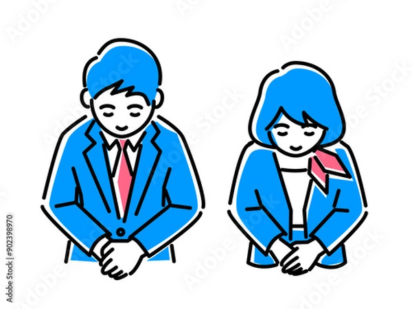Fototapeta お辞儀をするビジネスパーソン男女の上半身イラスト素材