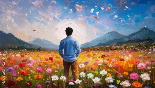 Fototapeta Emotional healing: An oil painting of a person standing in a field of blooming flowers, representing recovery and the renewal of the spirit