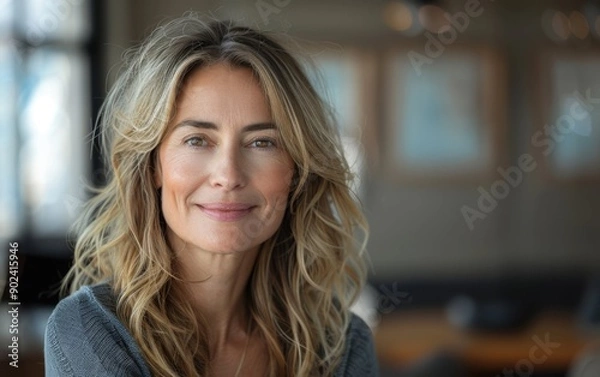 Fototapeta A cheerful middle-aged woman with wavy hair smiles warmly while enjoying a relaxed moment in an inviting indoor environment