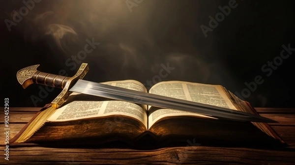 Fototapeta Sword placed on open book with dramatic lighting