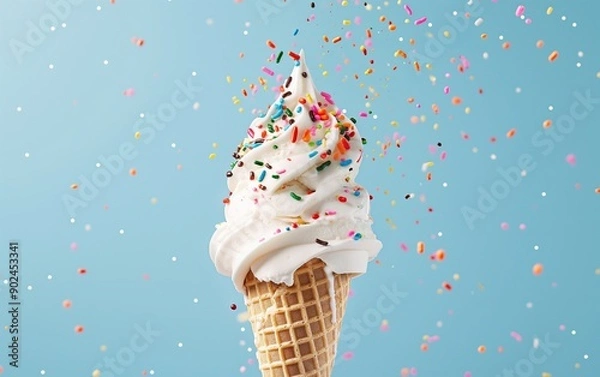 Obraz A creamy soft serve ice cream cone topped with colorful sprinkles on a pastel blue background. Perfect for summer celebrations, dessert promotions, and cheerful designs.
