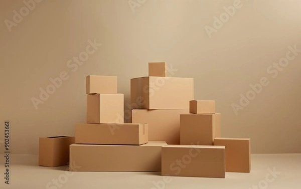 Fototapeta A stack of beige cardboard boxes placed on a neutral background, symbolizing packaging, shipping, or storage solutions. Ideal for logistics, e-commerce, or minimalist design themes.
