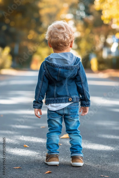 Fototapeta little boy with his back to his parents looks the way forward, future concept, UGC, denim clothing, 3-4 years old, setting out on the road,