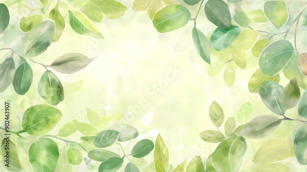 Fototapeta A beautifully painted frame of green leaves, predominantly in shades of green and a hint of yellow. The leaves vary in size and shape, with some appearing as simple ovals