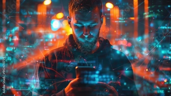 Fototapeta A person examining their mobile device