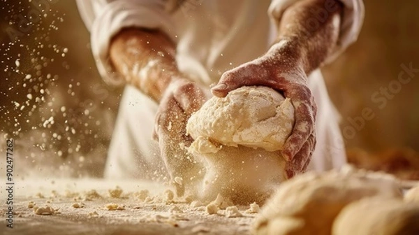 Fototapeta A baker is making bread dough and it is very messy. The dough is being kneaded and the flour is flying everywhere