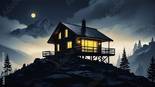 Fototapeta a small cabin on the top of mountain on cloudy night.